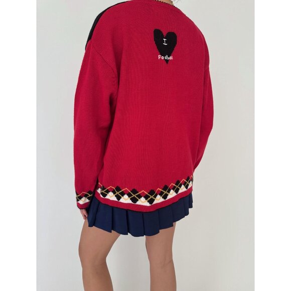90s vintage red novelty football argyle print embroidered knit cardigan large XL - Picture 5 of 10